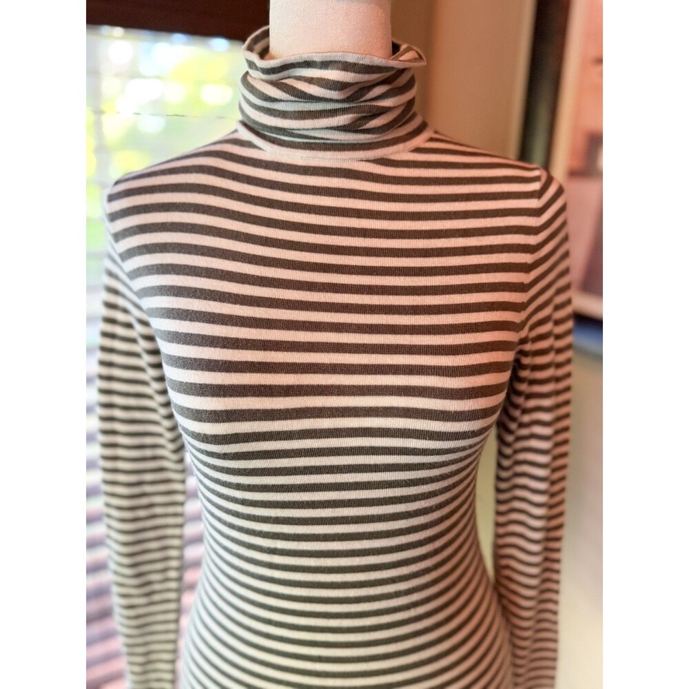 SPLENDID Women's S Gray & White Striped Cotton Blend Knit Long Sleeve Turtleneck